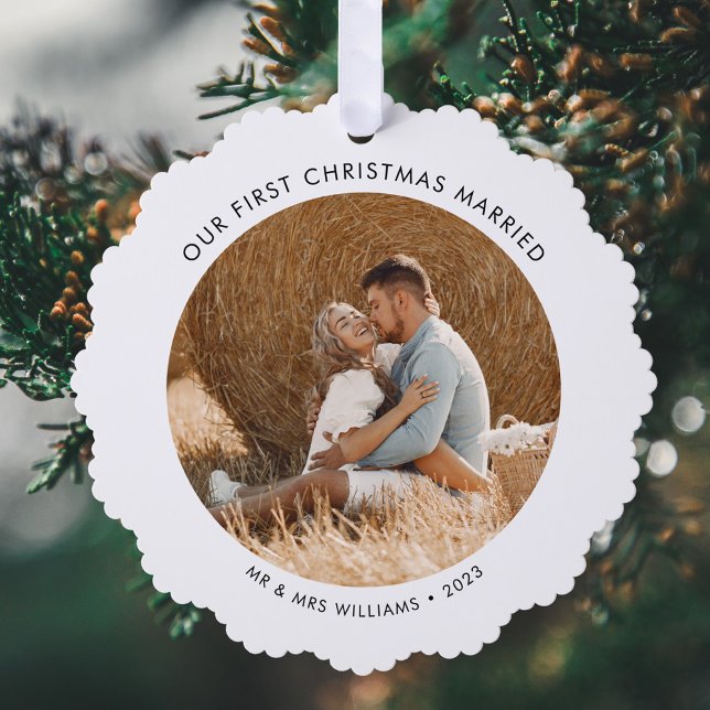 Our First Christmas Married Photo Holiday Ornament Card (Creator Uploaded)