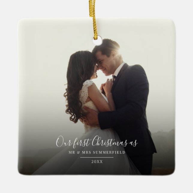 Our First Christmas Married Photo Keepsake Ceramic Ornament (Front)