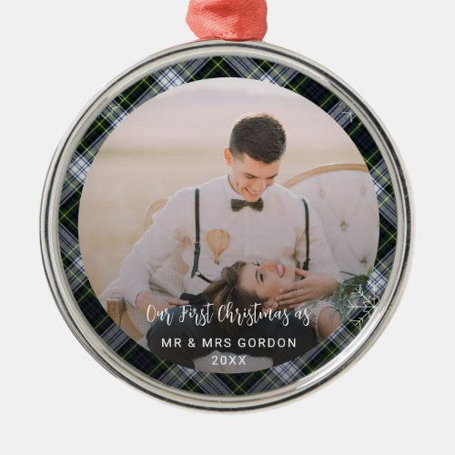 Our First Christmas Married Photo Plaid Tartan Metal Ornament