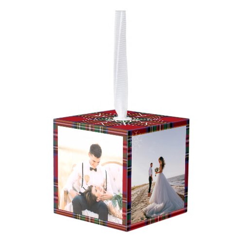 Our First Christmas Married Photos Stewart Tartan Cube Ornament