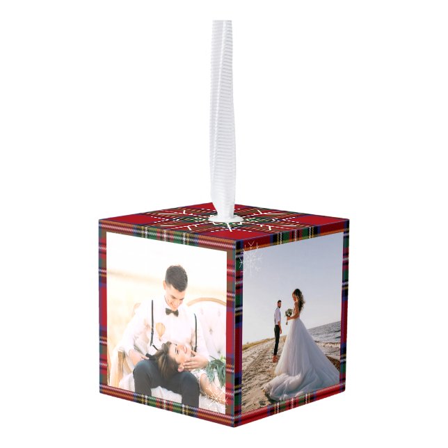 Our First Christmas Married Photos Tartan Plaid Cube Ornament (Back Angled)