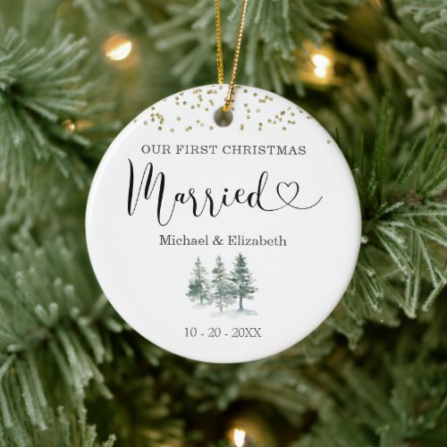 Our First Christmas Married Pine Tree Gold Glitter Ceramic Ornament