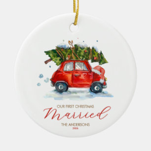 Our First Christmas Married Red Car & Tree Ceramic Ornament