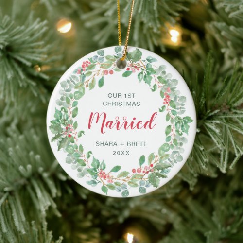 Our First Christmas Married Red Green Wreath Ceramic Ornament