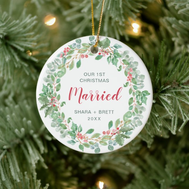 Our First Christmas Married Red Green Wreath Ceramic Ornament (Tree)