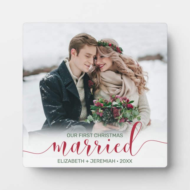 Our First Christmas Married Red Script Photo Plaque (Front)
