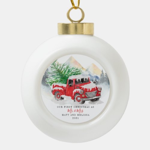 Our First Christmas Married Red Truck Ceramic Ball Christmas Ornament