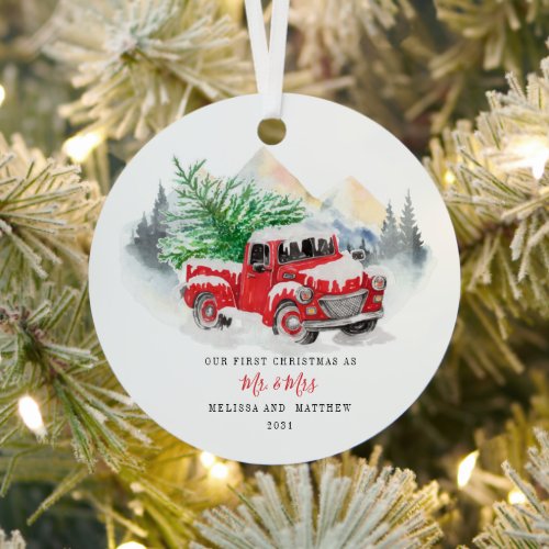 Our First Christmas Married Red Truck Metal Ornament
