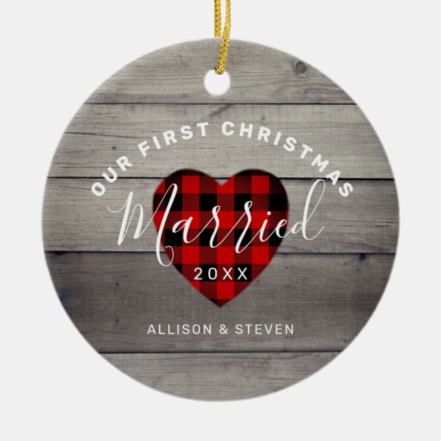 Our First Christmas Married Rustic Personalized Ceramic Ornament (Front)