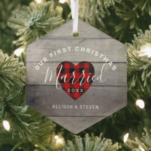 Our First Christmas Married Rustic Personalized Glass Ornament