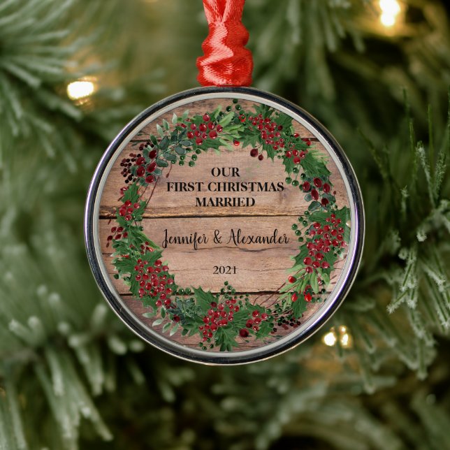 Our first Christmas married rustic wood berries Metal Ornament (Tree)