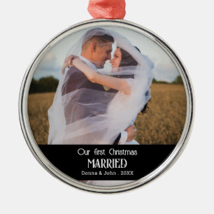 Our First Christmas Married Script Couple Photo  Metal Ornament