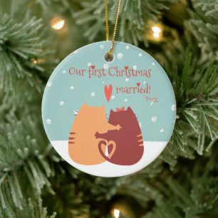 Our First Christmas Married -  Two Cute Cats Ceramic Ornament