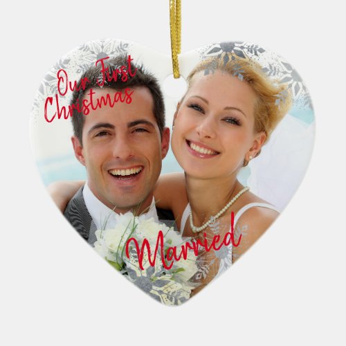 Our First Christmas Married w Your Photo _ Heart Ceramic Ornament