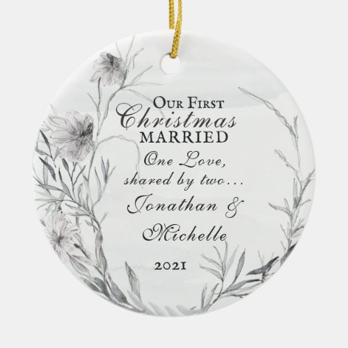 Our First Christmas Married Watercolor Floral Ceramic Ornament