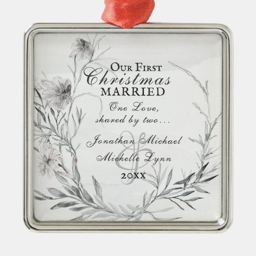 Our First Christmas Married Watercolor Floral Metal Ornament
