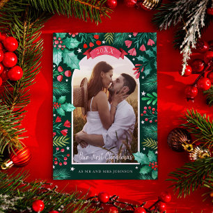 Our First Christmas Married Watercolor Photo Holiday Card