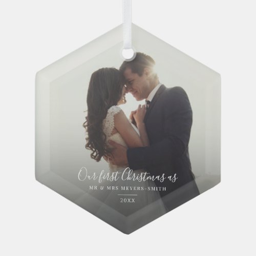 Our First Christmas Married Wedding Day Photo Glass Ornament