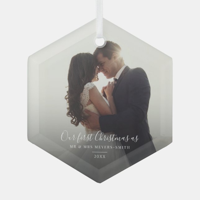 Our First Christmas Married Wedding Day Photo Glass Ornament (Front)