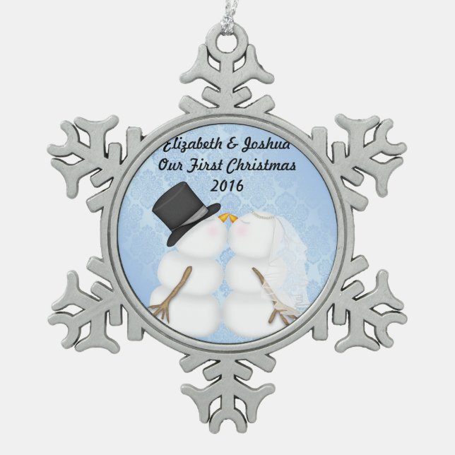 Our First Christmas Married Wedding Engagement Snowflake Pewter Christmas Ornament (Front)