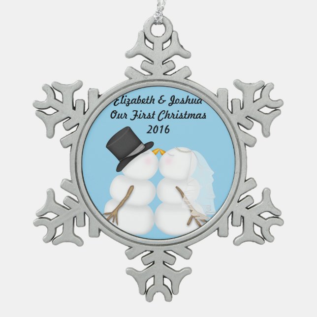 Our First Christmas Married Wedding Engagement Snowflake Pewter Christmas Ornament (Front)