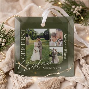 Our First Christmas Married Wedding Photo Collage Glass Ornament