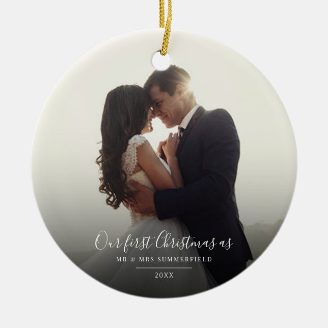 Our First Christmas Married Wedding Photo Holiday Ceramic Ornament (Front)