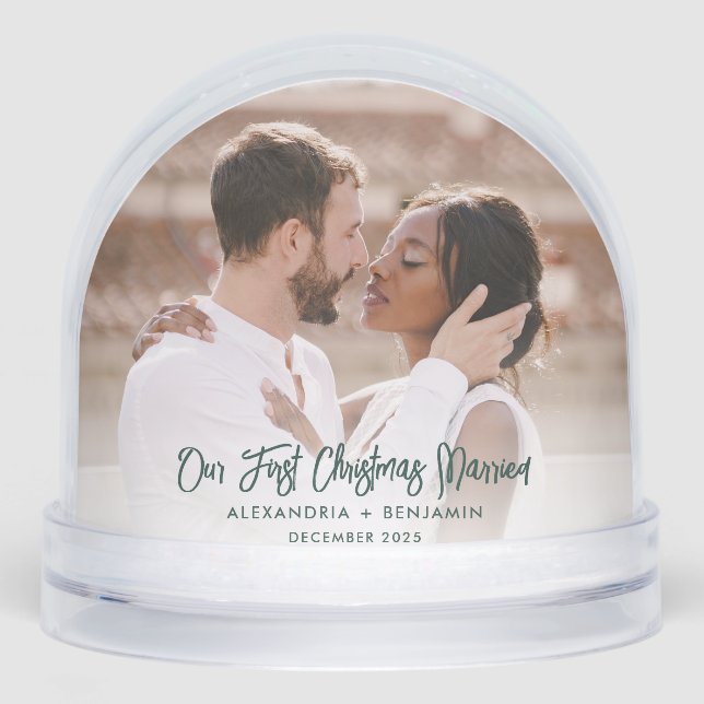 Our First Christmas Married Wedding Photos Script Snow Globe (Front)