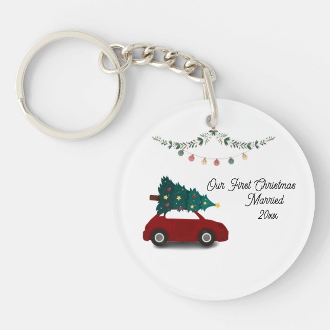 Our First Christmas Married With Christmas Red Car Keychain (Front)