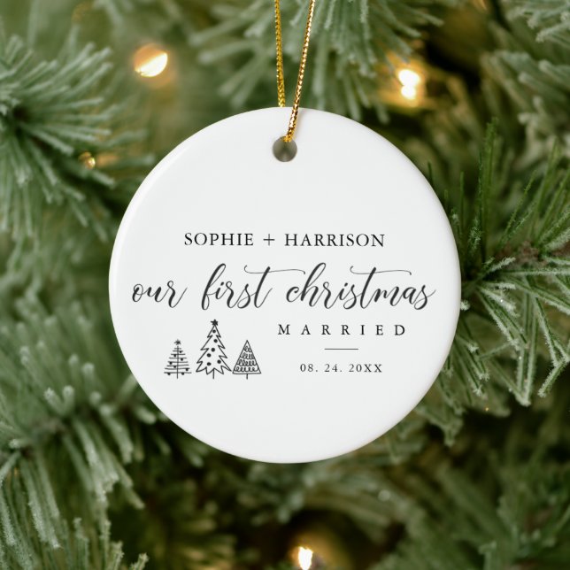 Our First Christmas Married with Name and Date Ceramic Ornament (Tree)