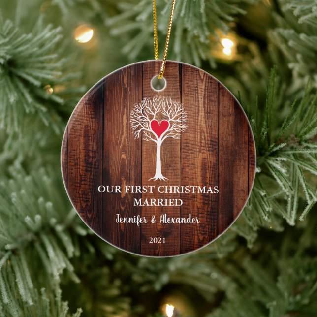 Our first christmas married wood love tree ceramic ornament (Tree)