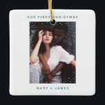 Our First Christmas | Merry and Married Blue Photo Ceramic Ornament<br><div class="desc">Our First Christmas | Merry and Married Navy Blue Photo Ceramic Ornament
Modern Dots Typewriter Mr & Mrs First Married Photo Ornament</div>