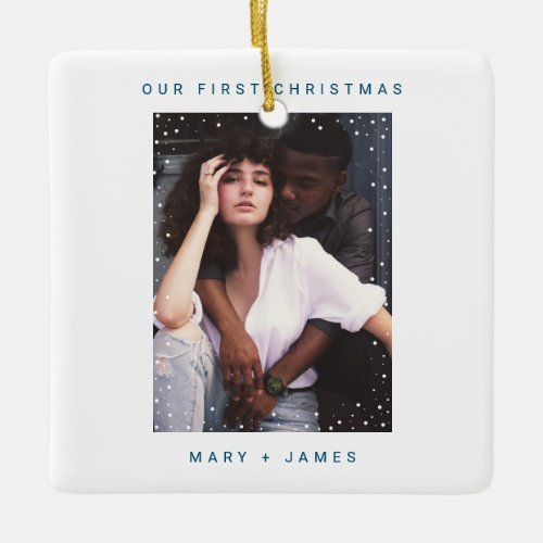 Our First Christmas  Merry and Married Blue Photo Ceramic Ornament