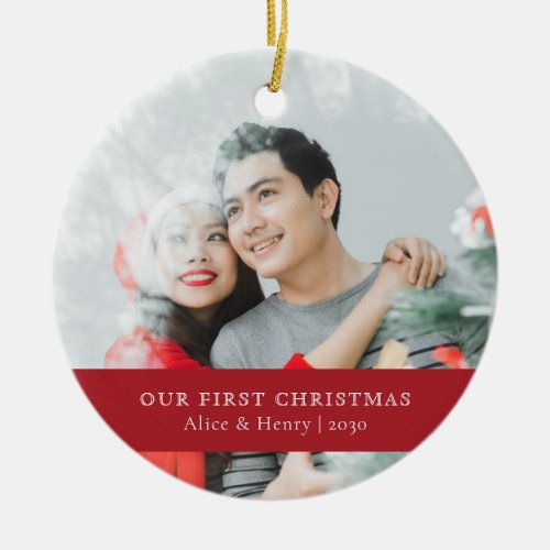 Our First Christmas  Minimalist Newlywed Photo Ceramic Ornament