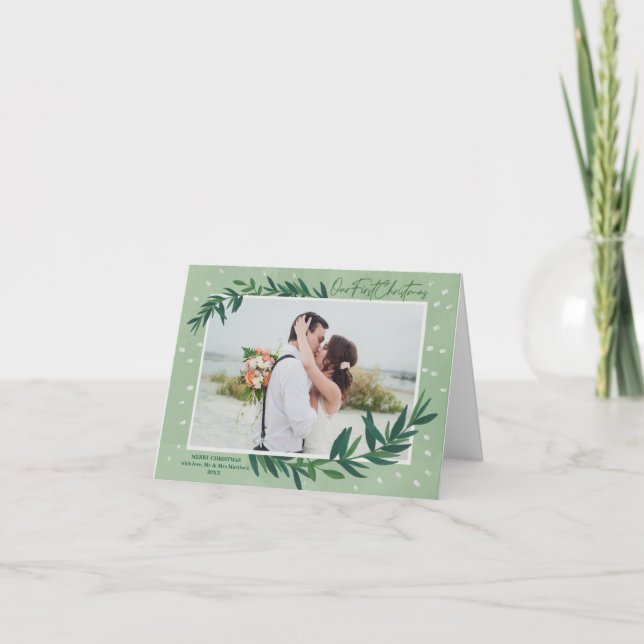 Our First Christmas Modern Botanical Photo Folded Holiday Card (Front)