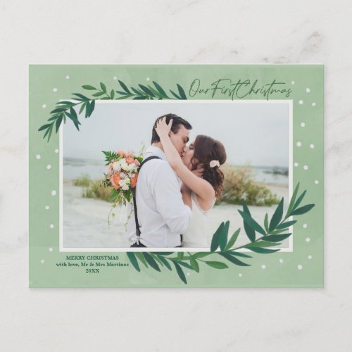 Our First Christmas Modern Botanical Photo Holiday Postcard