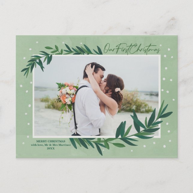 Our First Christmas Modern Botanical Photo Holiday Postcard (Front)