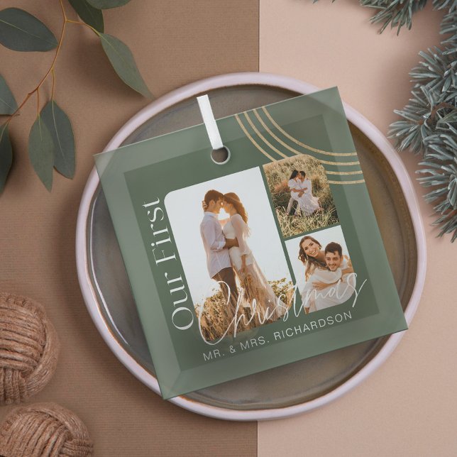 Our First Christmas Modern Geometric Three Photo Glass Ornament (Our First Christmas Modern Geometric Three Photo Glass Ornament)