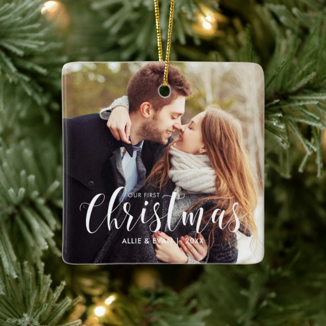 "Our First Christmas" Modern Personalized Ceramic Ornament (Tree)