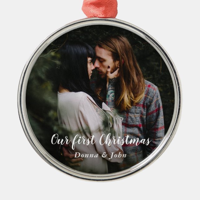 Our First Christmas | Modern Script Couple Photo Metal Ornament (Front)