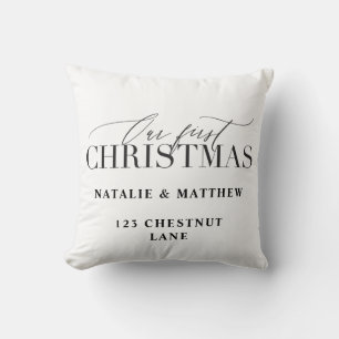 our first christmas modern script red plaid throw pillow