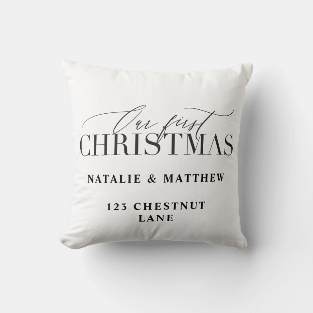our first christmas modern script red plaid throw pillow (Front)