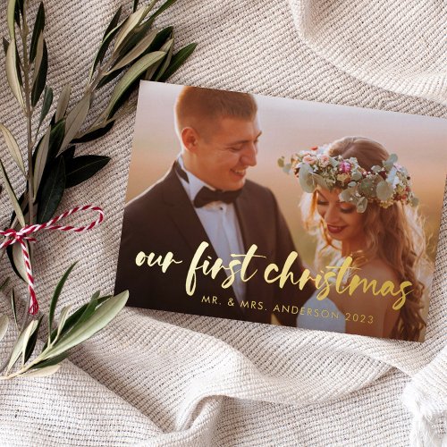 Our First Christmas  Modern Two Photo Foil Holiday Card