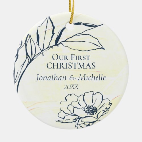 Our First Christmas Modern Yellow Blue Art Ceramic Ornament