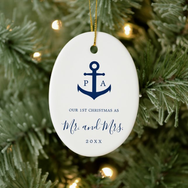 Our First Christmas Monogram Photo Nautical Ceramic Ornament (Tree)