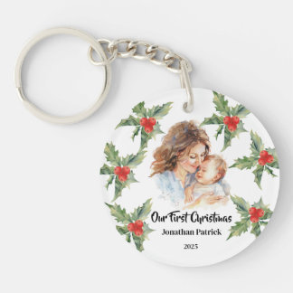 Our First Christmas Mother and Baby Photo Holly Keychain