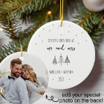 Our First Christmas Mr and Mrs Christmas Ornament<br><div class="desc">Wonderful black and white trees with copper stars and hand lettered text make this ornament a beautiful keepsake for the newly married couple. Add a special photo on the back! Along with the phrase Our First Christmas as Mr and Mrs. personalize with names and year to make this a wonderful...</div>