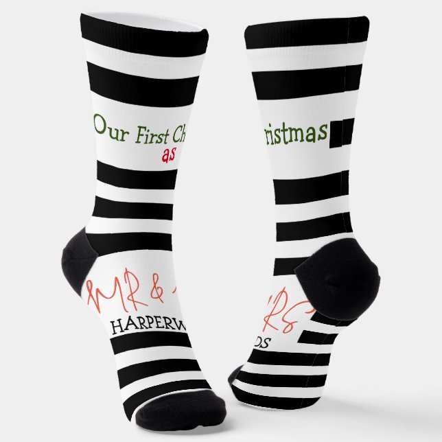 Our first Christmas Mr. and Mrs. /Couple newlywed  Socks (Angled)