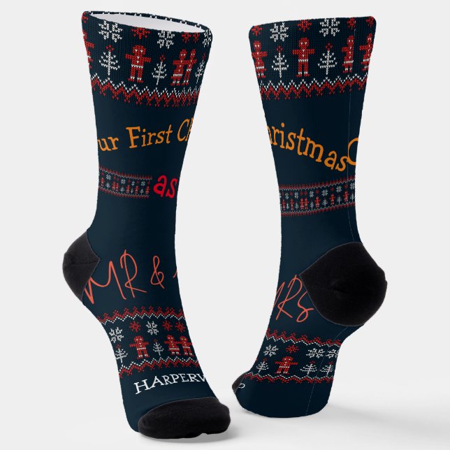 Our first Christmas Mr and Mrs / Couple newlywed  Socks (Angled)