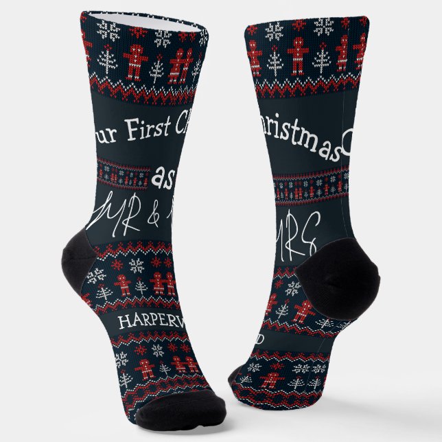 Our first Christmas Mr and Mrs / Couple newlywed  Socks (Angled)